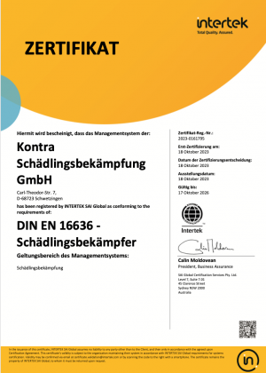 Kontra SBK DIN EN ISO 16636 - Schädlingsbekämpfer Zertifiziert